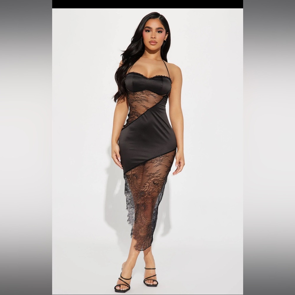 Black satin dress with lace cocktail / party dress